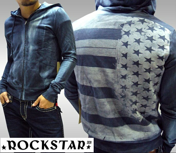 ＼店内全品ポイント11倍／ 30%OFF セール 送料無料 ロックスター メンズ パーカー ROCKSTAR sushi VF016 長袖 フーディー ウォッシュ ネイビー インポート ROCK ロック パンク セレブ ハリウッド ストリート カジュアル セレカジ ブランド