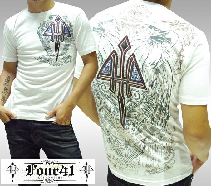 ＼店内全品ポイント11倍／ Four41 Los Angeles フォーフォーティーワン メンズ ラインストーン Tシャツ ホワイト 03 スワロフスキー インポート セレブ safari ブランド ストリート アフリクション Ed Hardy エドハーディー ロック