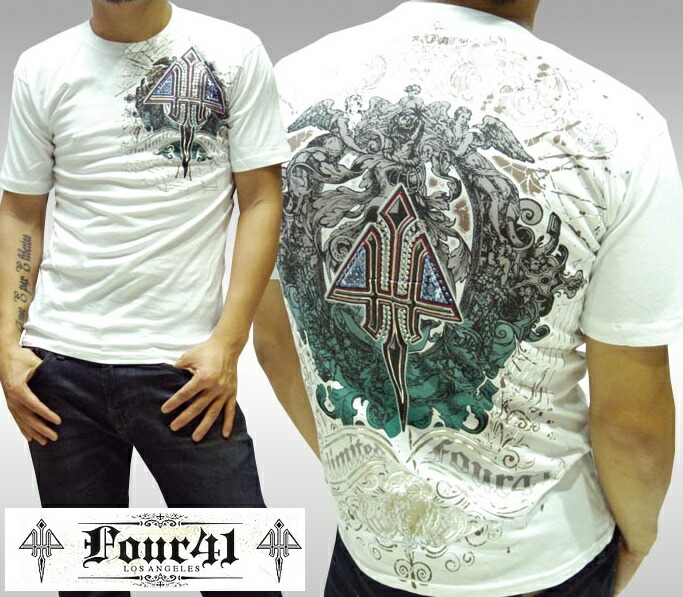 ＼店内全品ポイント11倍／ Four41 Los Angeles フォーフォーティーワン メンズ ラインストーン Tシャツ ホワイト 05 スワロフスキー インポート LA セレブ safari ブランド ストリート セレカジ アフリクション Ed Hardy エドハーディー ロック