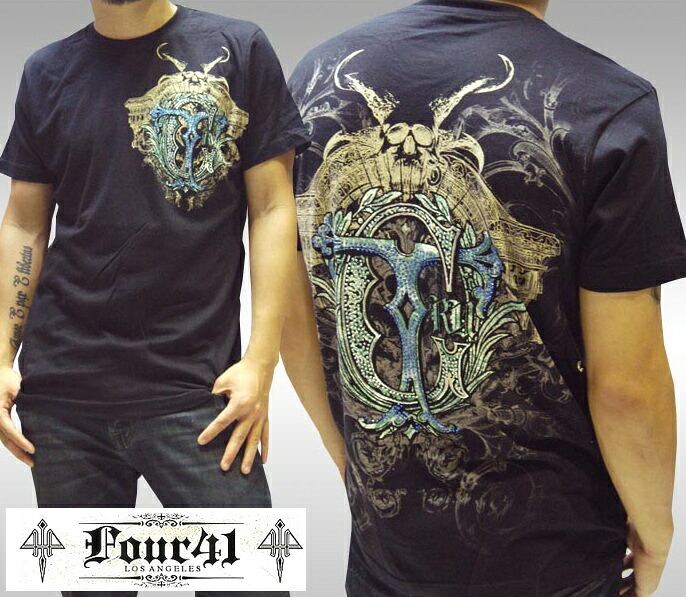 ＼店内全品ポイント11倍／ Four41 Los Angeles フォーフォーティーワン メンズ ラインストーン Tシャツ ブラック 06 スワロフスキー インポート セレブ safari ブランド ストリート アフリクション Ed Hardy エドハーディー ロック