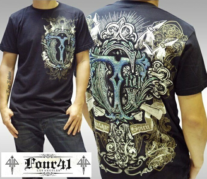 ＼店内全品ポイント11倍／ Four41 Los Angeles フォーフォーティーワン メンズ ラインストーン Tシャツ ブラック 08 スワロフスキー インポート セレブ safari ブランド ストリート アフリクション Ed Hardy エドハーディー ロック