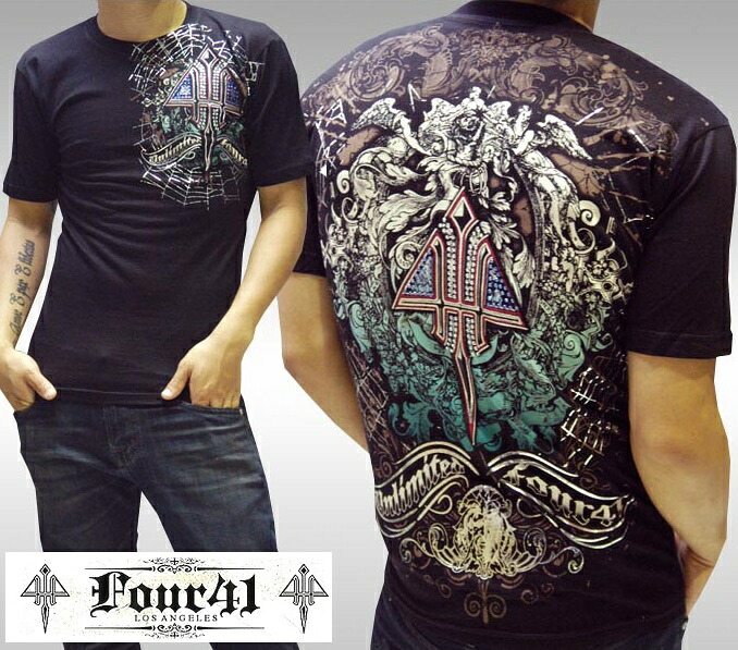 ＼店内全品ポイント11倍／ Four41 Los Angeles フォーフォーティーワン メンズ ラインストーン Tシャツ ブラック 09 スワロフスキー インポート セレブ safari ブランド ストリート サーフ アフリクション Ed Hardy エドハーディー ロック