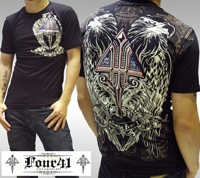 ＼店内全品ポイント11倍／ Four41 Los Angeles フォーフォーティーワン メンズ ラインストーン Tシャツ ブラック 10 スワロフスキー インポート LA セレブ safari ブランド ストリート セレカジ アフリクション Ed Hardy エドハーディー ロック