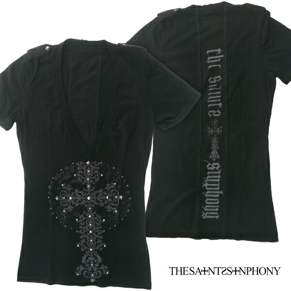 セインツシンフォニー THE SAINTS SINPHONY レディース Ｔシャツ Vネック Memento Mori ブラック セイントシンフォニー 半袖 シャツ セインツ シンフォニー セレカジ カジュアル ロック Ed Hardy エドハーディー 好きに