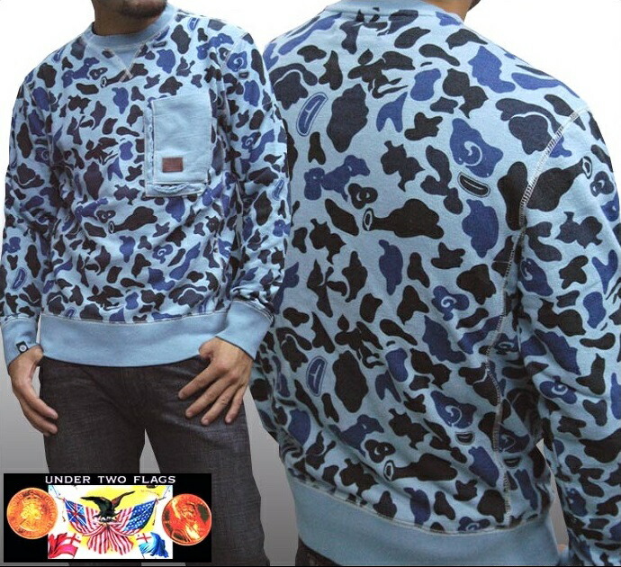 ＼店内全品ポイント11倍／ 30%OFF セール 送料無料 アンダートゥーフラッグス メンズ ミリタリー スウェット CAMO ブルー スエット トレーナー 迷彩 UNDER TWO FLAGS ストリート ブランド B-Boy HIPHOP B系 服 ウェア ヒップホップ