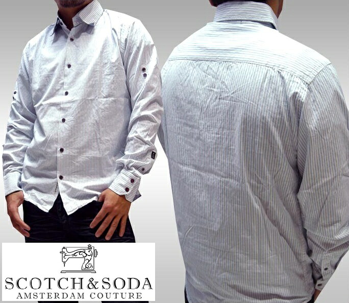 50%OFF セール スコッチ&ソーダ スコッチアンドソーダ scotch&soda メンズ 長袖 シャツ ダイヤストライプ ホワイト ブルー ブラック ダブルボタン ロールアップ トップス カジュアル ヨーロピアン Safari ブランド 228