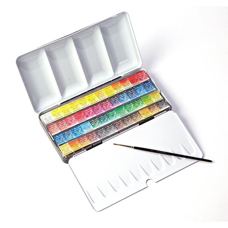 セヌリエ　固形水彩絵具ハーフパン24色セット セヌリエ水彩絵具 ハーフパン 24色セット メタルケース入り 丸筆