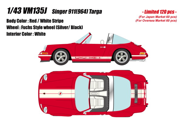 【8月発売予定】　【送料無料】　VISION 1/43 シンガー 911(964) タルガ レッド / ホワイトストライプ 完成品ミニカー VM135J
