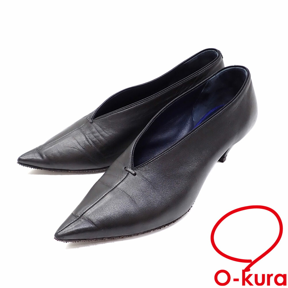 【中古】 セリーヌ パンプス レディース ポインテッドトゥ なめし革 黒いこと 黒 約23.0珊 36 V撥ねのける 真っただ中踵 古着 御召しもの 靴