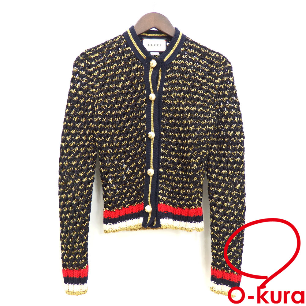 【second hand】Gucci Women's long-sleeved, collarless cardigan, cotton blend, black and gold, size S, item number 411532, Coco Mark, vintage clothing, apparel, top, garment.