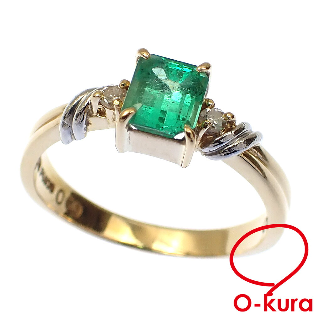【中古】 エメラルド ダイヤモンド リング レディース K18YG Pt900 14号 0.69ct/0.06ct 3.5g 750 18金 イエローゴールド プラチナ 指輪