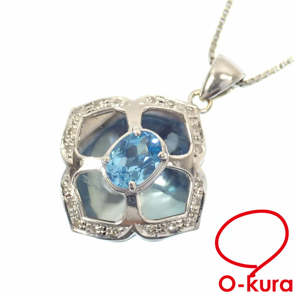 【中古】 ブルートパーズ ダイヤモンド ネックレス レディース K14WG Pt850 D0.11ct 6.0g 14金 ホワイトゴールド プラチナ