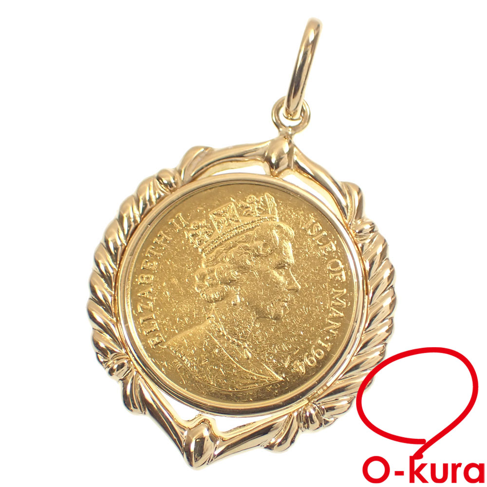 【中古】 ゴールドコイン ペンダントトップ レディース K24YG/K18YG枠 8.5g 24金 18金 750 イエローゴールド 1/5oz マン島キャット ペンダントヘッド 1994年 エリザベス2世