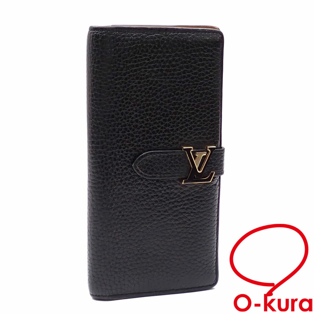 【中古】 ルイ・ヴィトン 二つ折り 長財布 カプシーヌ LV ヴェルティカル ウォレット レディース M81330 ノワール トリヨンレザー イニシャル入り