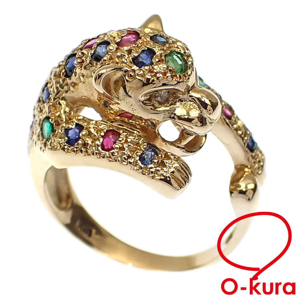 【中古】 マルチカラー リング レディース K18YG 12号 5.6g 指輪 750 18金 イエローゴールド ルビー サファイア エメラルド 透明石 パンサー