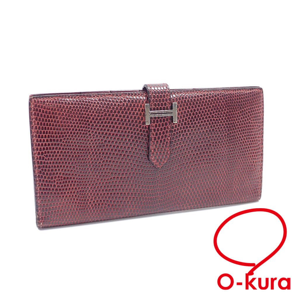 【中古】 エルメス ベアンクラシック 二つ折り 長金入れ レディース 赤いこと 赤 蜥蜴 □H目じるし 2004年齢製 HERMES しろがね色金具 2つ折り 蜥蜴革