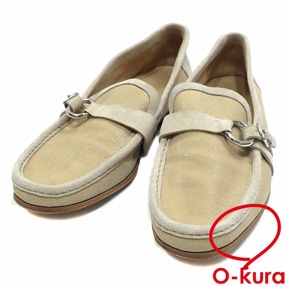 【中古】 エルメス 置き目毛皮 メンズ スエードクロス ベージュ 大いさ39 1/2 約25.5糎 スリッポン 古着 御召しもの 靴