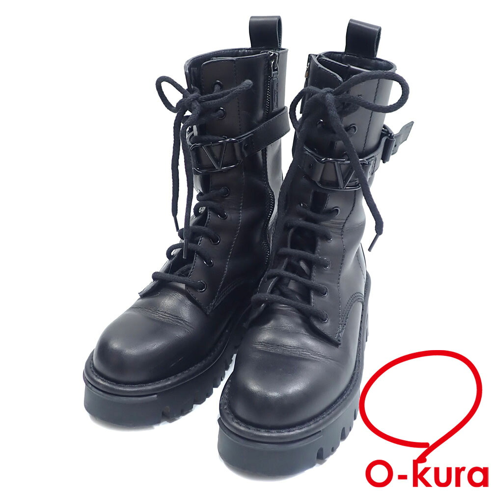 【中古】 ヴァレンティノ Vスリング コンバットブーツ メンズ カーフレザー 黒いこと 黒 大きさ37.5 約24.5珊 スピード競技繰り上げる 真っただ中丈 ラウンドトゥ 古着 御召しもの 靴
