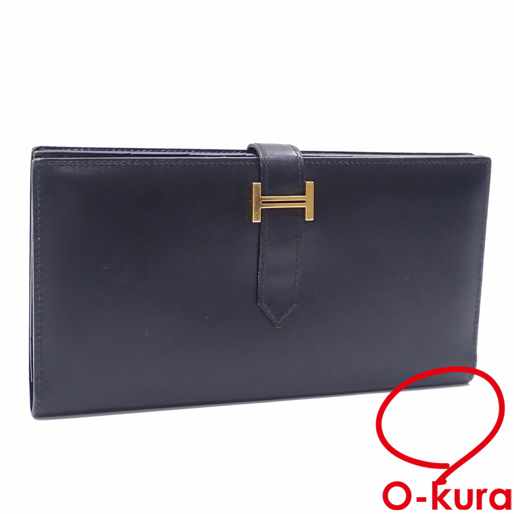 【中古】 エルメス ベアン 二つ折り 長札入れ レディース 黒いこと 黒 ボックスカーフ C目じるし 2018年令製 HERMES 革 ゴールド金具