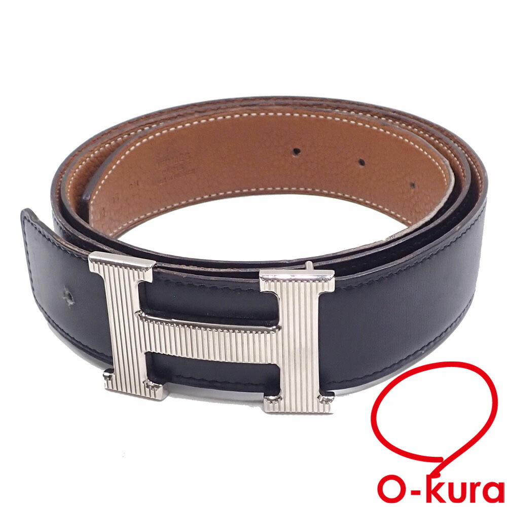【中古】 エルメス ベルト H ストリエ 95 メンズ ブラック ブラウン 黒 茶色 95cm ボックスカーフ トリヨンクレマンス リバーシブル シルバー金具 □L刻印 2008年頃製 古着 アパレル|大蔵質店