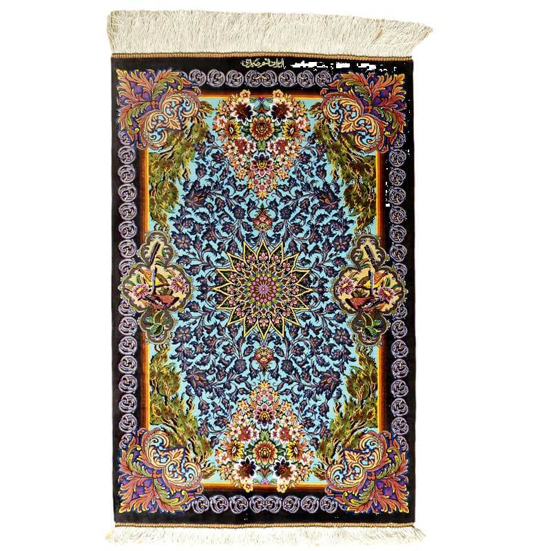 イラン引っ敷き ペルシャ・クム 地絹 100％ 90×59糎 手織り 今めかしい 古典派音楽 入り口・入口つや消し エントランスマット 寝部屋 和室 床暖房装置 熱っぽい引っ敷き相応う 引っ敷き 引っ敷き／青／草木・花柄・鳥 (品番:FS-2108)