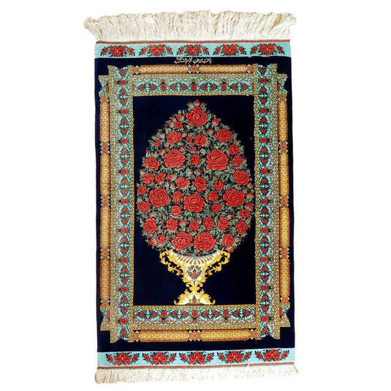 イラン引っ敷き ペルシャ・クム 地絹 100％ 102×65糎 手織り 今めかしい 古典派音楽 入り口・入口つや消し エントランスマット 寝部屋 和室 床暖房装置 熱っぽい引っ敷き相応う 引っ敷き 引っ敷き／米国海軍／薔薇 (品番:FS-2112)