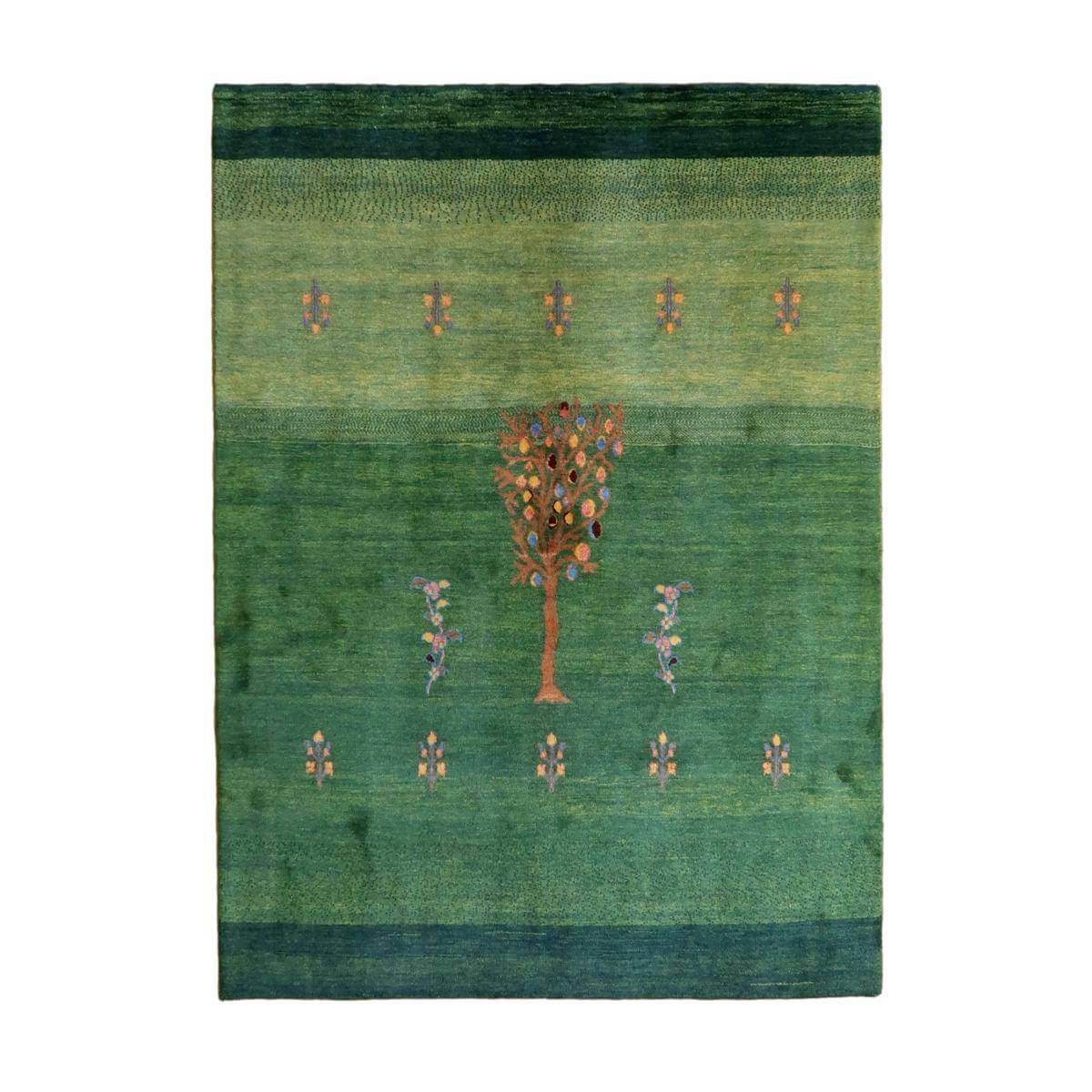ギャッベカシュクリ イラン製 204×149cm 手織り 最高級 天然 ウール100% 草木染 リビングサイズ おしゃれ モダン ナチュラル 北欧 ラグ 絨毯 ラグマット ギャベ 床暖房対応 ホットカーペット対応 生命の木 グリーン (HL-11360）