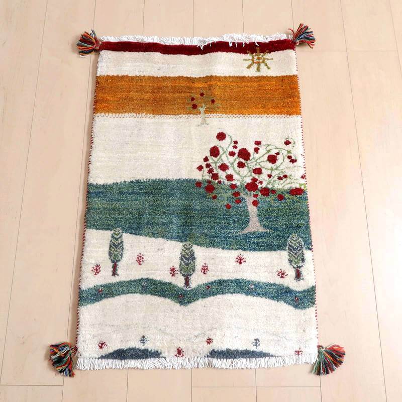 ギャッベルリバフ イラン製 87×58cm 手織り 最高級 天然 ウール100% 草木染 玄関マット おしゃれ かわいい 北欧 ラグ 絨毯 マット ラグマット カーペット 屋内 室内 ギャベ 床暖房対応 ホットカーペット対応 (HSS-71865）