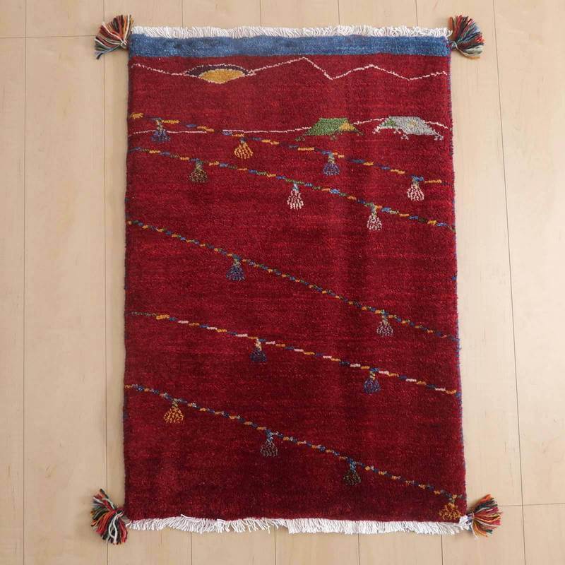 ギャッベルリバフ イラン製 91×62cm 手織り 最高級 天然 ウール100% 草木染 玄関マット 北欧 ラグ 絨毯 マット ラグマット 屋内 室内 ギャベ 床暖房対応 ホットカーペット対応 (HSS-72469）
