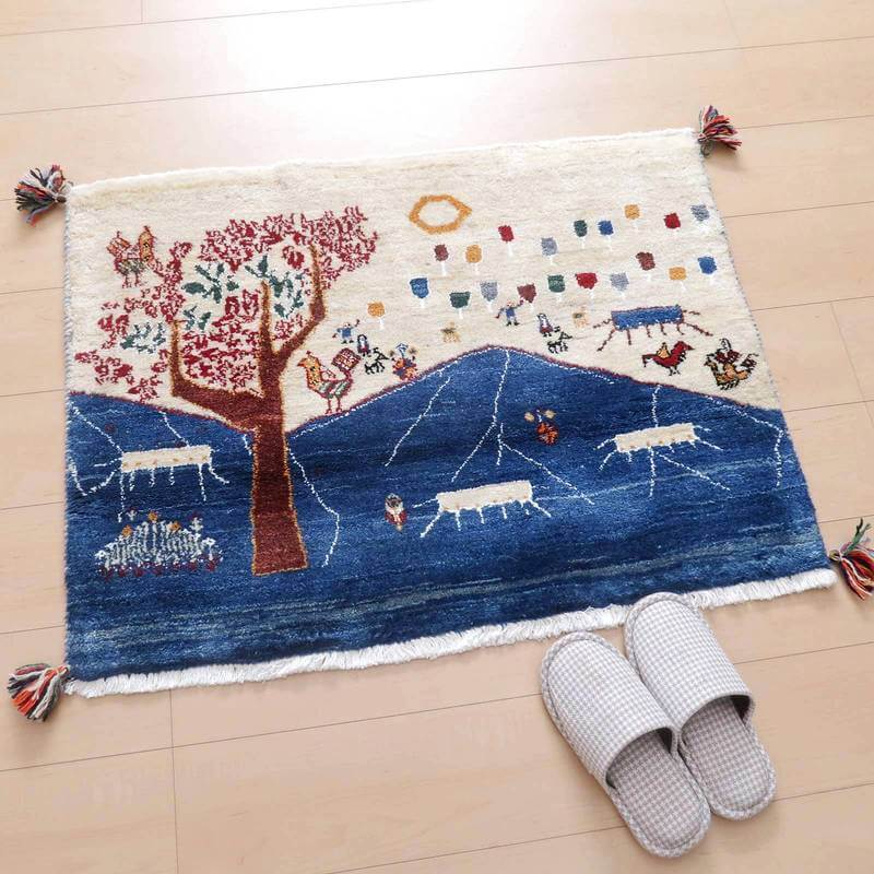 ギャッベルリバフ イラン製91×67cm 手織り 最高級 天然 ウール100% 草木染 玄関マット 北欧 ラグ 絨毯 マット ラグマット 屋内 室内 ギャベ 床暖房対応 ホットカーペット対応 (HSS-77770）