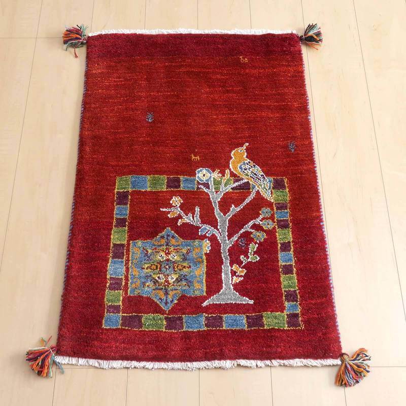 ギャッベルリバフ イラン製 90×60cm 手織り 最高級 天然 ウール100% 草木染 玄関マット 北欧 ラグ 絨毯 マット ラグマット カーペット 屋内 室内 ギャベ 床暖房対応 ホットカーペット対応 (HSS-71844）