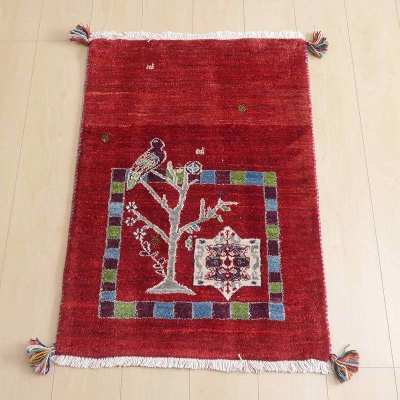 ギャッベルリバフ イラン製 89×62cm 手織り 最高級 天然 ウール100% 草木染 玄関マット 北欧 ラグ 絨毯 マット ラグマット 屋内 室内 ギャベ 床暖房対応 ホットカーペット対応 (HSS-73082）