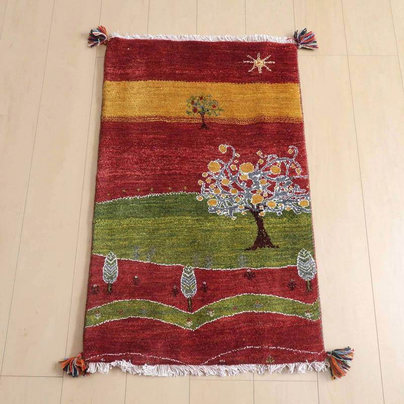 ギャッベルリバフ イラン製 93×58cm 手織り 最高級 天然 ウール100% 草木染 玄関マット おしゃれ かわいい 北欧 ラグ 絨毯 マット ラグマット カーペット 屋内 室内 ギャベ 床暖房対応 ホットカーペット対応 (HSS-73140）