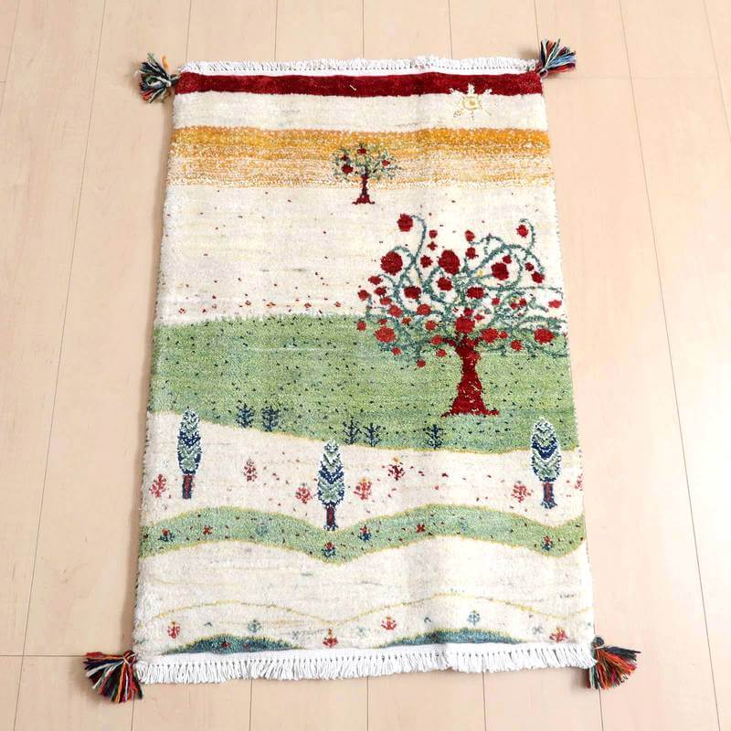 ギャッベルリバフ イラン製 92×62cm 手織り 最高級 天然 ウール100% 草木染 玄関マット おしゃれ かわいい 北欧 ラグ 絨毯 マット ラグマット カーペット 屋内 室内 ギャベ 床暖房対応 ホットカーペット対応 (HSS-77795）