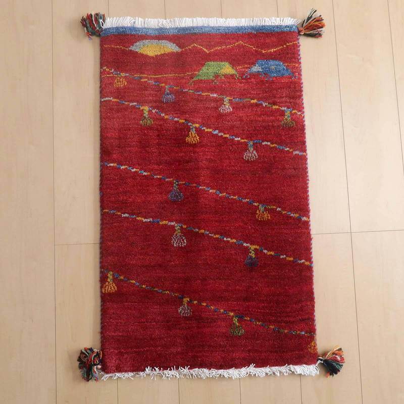 ギャッベルリバフ イラン製 88×53cm 手織り 最高級 天然 ウール100% 草木染 玄関マット 北欧 ラグ 絨毯 マット ラグマット 屋内 室内 ギャベ 床暖房対応 ホットカーペット対応 (HSS-71725）