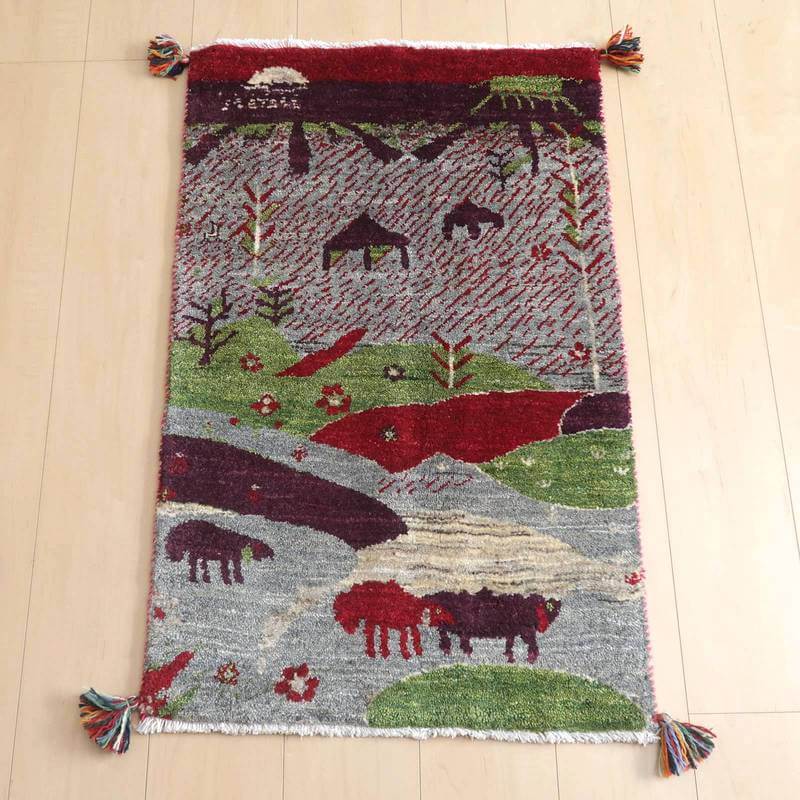 ギャッベルリバフ イラン製 92×58cm 手織り 最高級 天然 ウール100% 草木染 玄関マット 北欧 ラグ 絨毯 マット ラグマット カーペット 屋内 室内 ギャベ 床暖房対応 ホットカーペット対応 (HSS-72450）