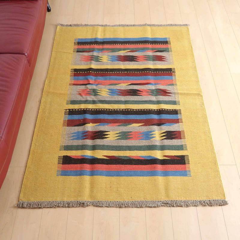 イラン・シラーズ産 キリム リビングサイズ 186×125cm 手織り ラグ ウール 100% 夏用 洗える ダイニング ベッドルーム ホットカーペット対応 床暖房対応 ラグマット 絨毯 キリム柄 kilim 黄 （品番:KL-393）