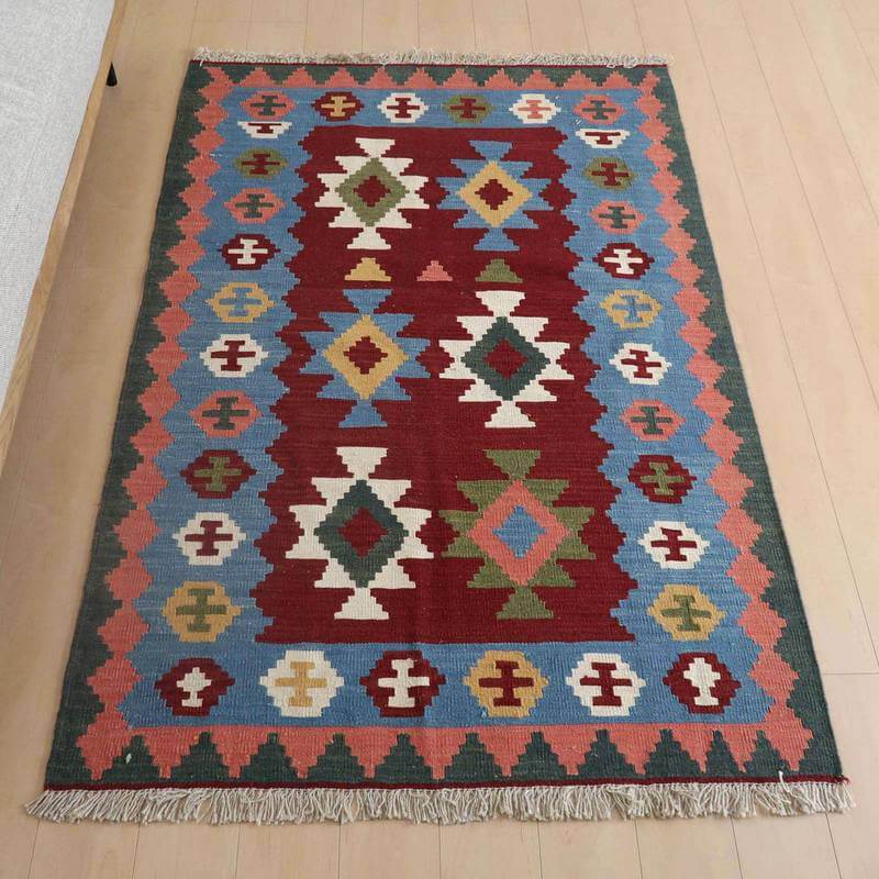 イラン・シラーズ産 キリム リビングサイズ 183×125cm 手織り ラグ ウール 100% 夏用 洗える ダイニング ベッドルーム ホットカーペット対応 床暖房対応 ラグマット 絨毯 キリム柄 kilim （品番:KL-875）
