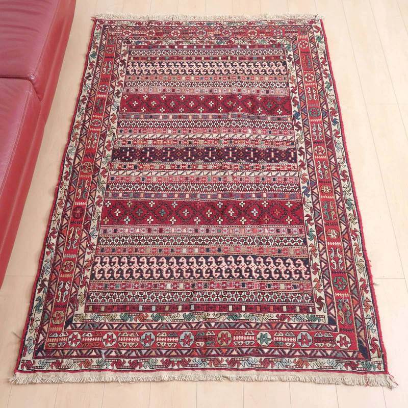 イラン・アゼルバイジャン産 キリム リビングサイズ 193×124cm 手織り ラグ ウール 100% エスニック アジアン 夏用 洗える ダイニング ベッドルーム ホットカーペット対応 床暖房対応 ラグマット 絨毯 kilim 赤 （品番:KL-92）