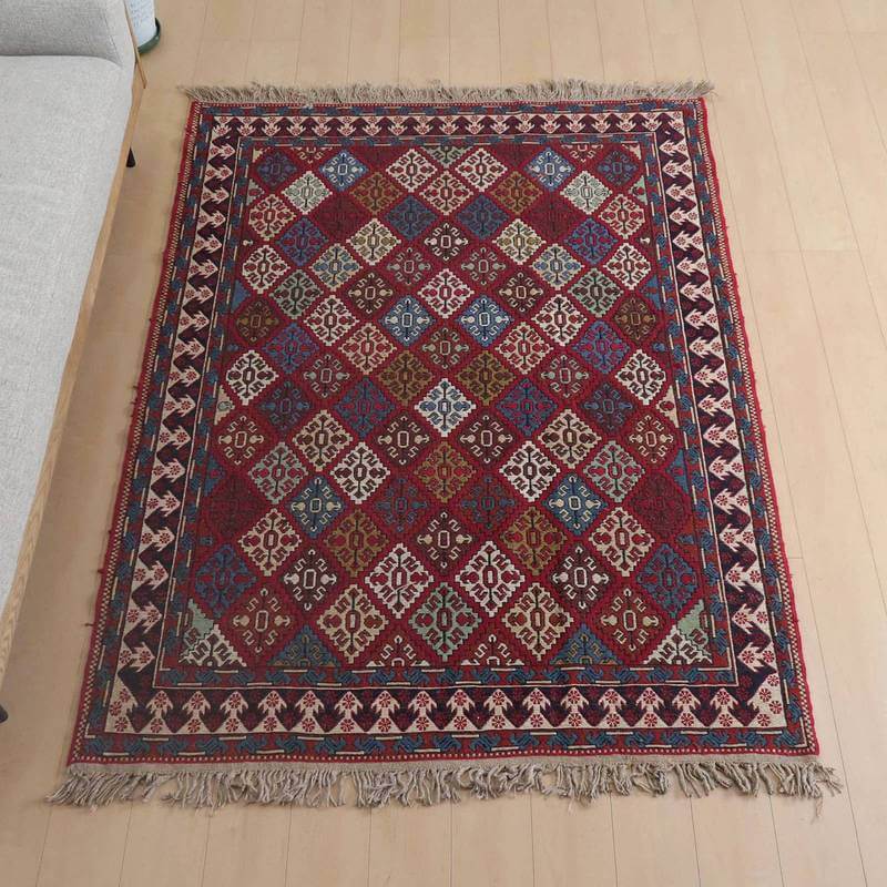 イラン・アゼルバイジャン産 キリム リビングサイズ 199×148cm 手織り ラグ ウール 100% エスニック アジアン 夏用 洗える ダイニング ベッドルーム ホットカーペット対応 床暖房対応 ラグマット 絨毯 kilim （品番:KL-969）