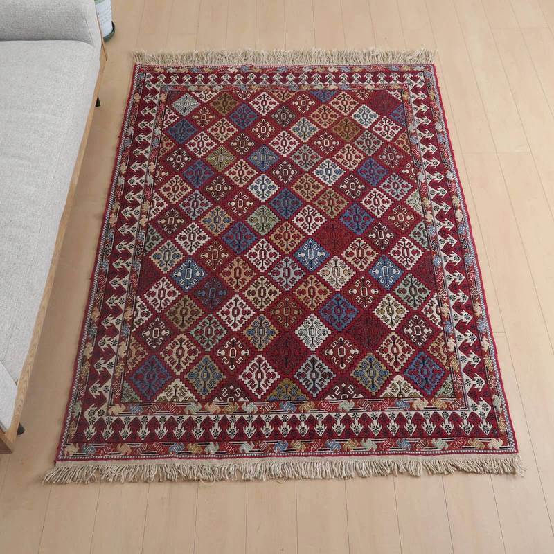 イラン・アゼルバイジャン産 キリム リビングサイズ 203×147cm 手織り ラグ ウール 100% エスニック アジアン 夏用 洗える ダイニング ベッドルーム ホットカーペット対応 床暖房対応 ラグマット 絨毯 kilim (品番:KL-970)|キリム&絨毯・オリエンタルムーン