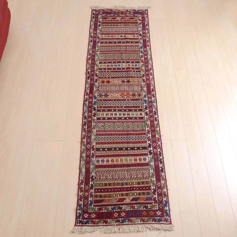 イラン・アゼルバイジャン産 キリム 細長 ランナー 283×80cm 手織り ラグ ウール 100% 洗える キッチンマット 廊下敷 ベッドサイド ロングラグ ホットカーペット対応 床暖房対応 ラグマット 絨毯 キリム柄 kilim 赤 （品番:KR-122）