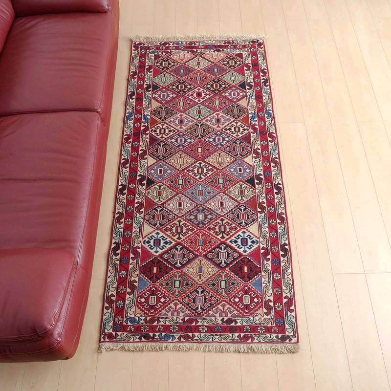 イラン・アゼルバイジャン産 キリム 細長 ランナー 193×88cm 手織り ラグ ウール 100% 洗える キッチンマット 廊下敷 ベッドサイド ロングラグ ホットカーペット対応 床暖房対応 ラグマット 絨毯 キリム柄 kilim 赤 （品番:KR-270）