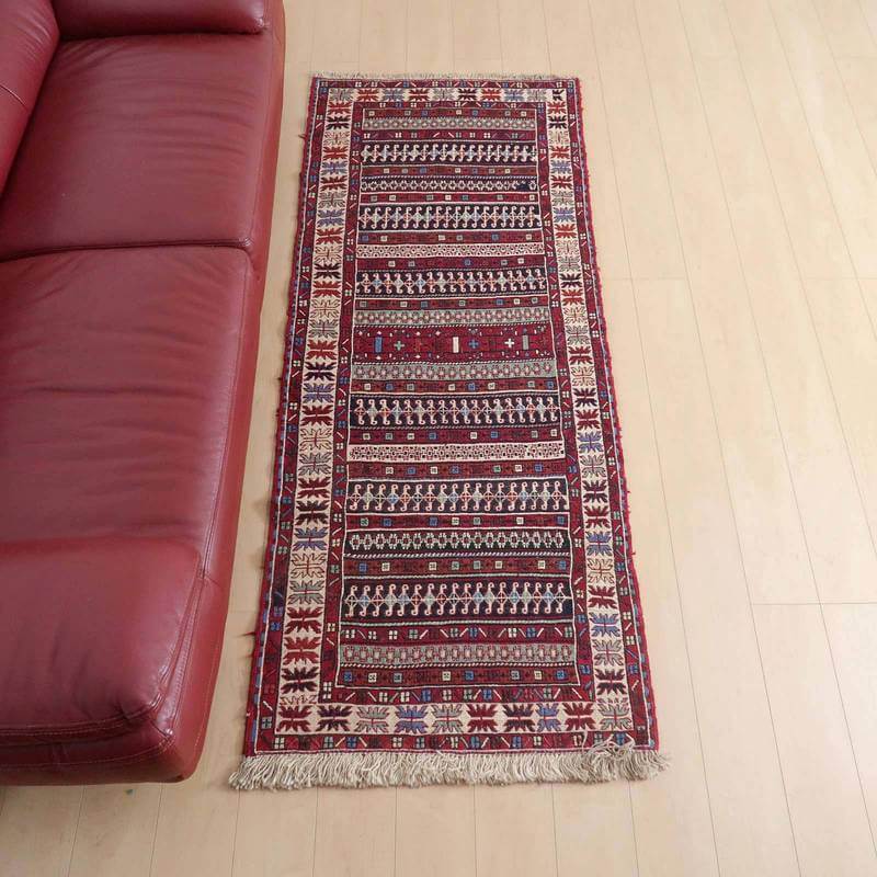 イラン・アゼルバイジャン産 キリム 細長 ランナー 205×83cm 手織り ラグ ウール 100% 洗える キッチンマット 廊下敷 ベッドサイド ロングラグ ホットカーペット対応 床暖房対応 ラグマット 絨毯 キリム柄 kilim 赤 （品番:KR-276）