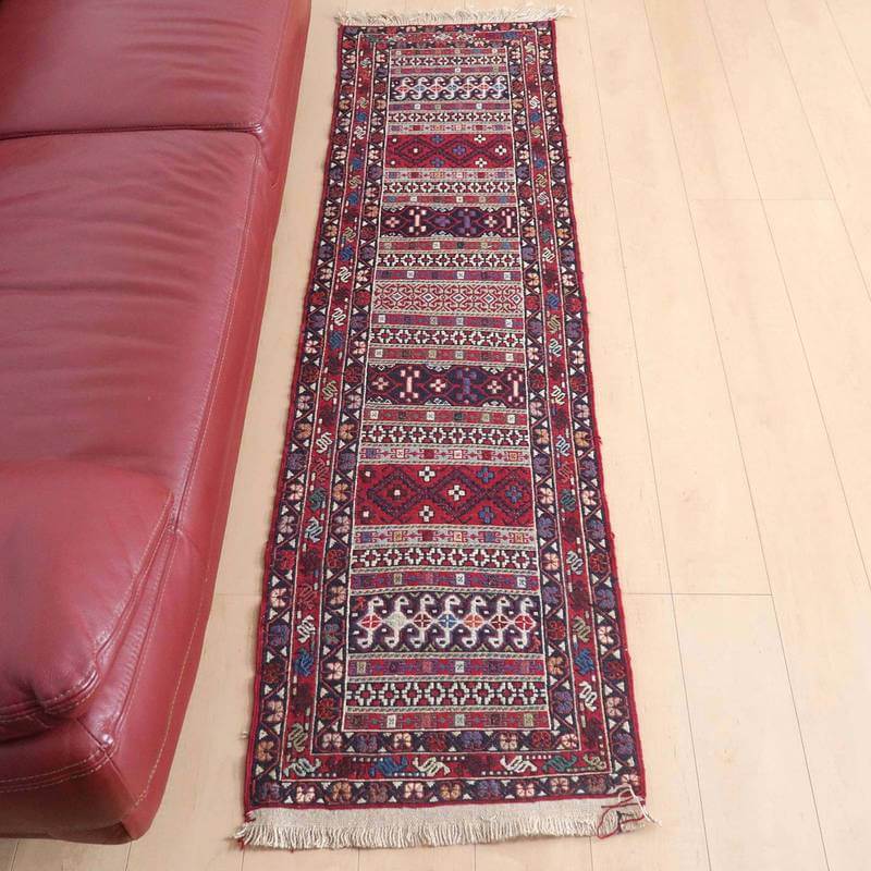 イラン・アゼルバイジャン産 キリム 細長 ランナー 192×54cm 手織り ラグ ウール 100% 洗える キッチンマット 廊下敷 ベッドサイド ロングラグ ホットカーペット対応 床暖房対応 ラグマット 絨毯 キリム柄 kilim 赤 （品番:KR-45）