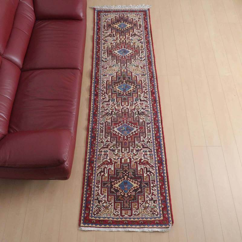 イラン・アゼルバイジャン産 キリム 細長 ランナー 287×80cm 手織り ラグ ウール 100% 洗える キッチンマット 廊下敷 ベッドサイド ロングラグ ホットカーペット対応 床暖房対応 ラグマット 絨毯 キリム柄 kilim 赤 （品番:KR-504）