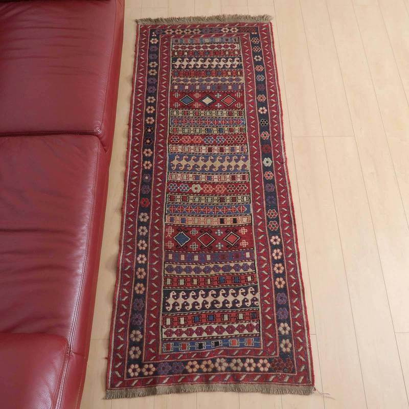 イラン・アゼルバイジャン産 キリム 細長 ランナー 188×76cm 手織り ラグ ウール 100% 洗える キッチンマット 廊下敷 ベッドサイド ロングラグ ホットカーペット対応 床暖房対応 ラグマット 絨毯 キリム柄 kilim 赤 （品番:KR-507）