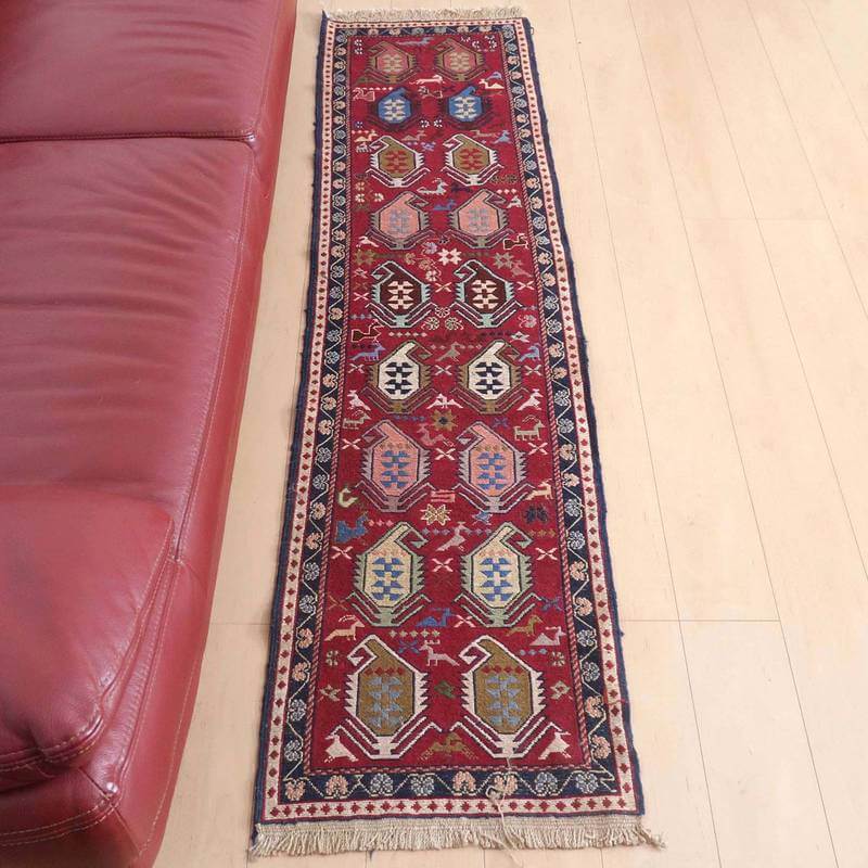 イラン・アゼルバイジャン産 キリム 細長 ランナー 196×51cm 手織り ラグ ウール 100% 洗える キッチンマット 廊下敷 ベッドサイド ロングラグ ホットカーペット対応 床暖房対応 ラグマット 絨毯 キリム柄 kilim 赤 （品番:KR-52）