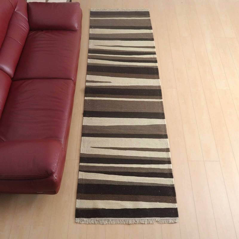 イラン・シラーズ産 キリム 細長 ランナー 291×86cm 手織り ラグ ウール 100% 洗える キッチンマット 廊下敷 ベッドサイド ロングラグ ホットカーペット対応 床暖房対応 ラグマット 絨毯 キリム柄 kilim ブラウン （品番:KR-540）