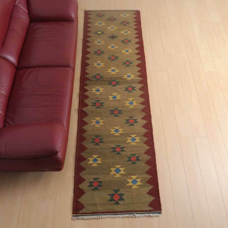 イラン・シラーズ産 キリム 細長 ランナー 288&times;82cm 手織り ラグ ウール 100% 洗える キッチンマット 廊下敷 ベッドサイド ロングラグ ホットカーペット対応 床暖房対応 ラグマット 絨毯 キリム柄 kilim ブラウン （品番:KR-544）｜キリム＆絨毯・オリエンタルムーン